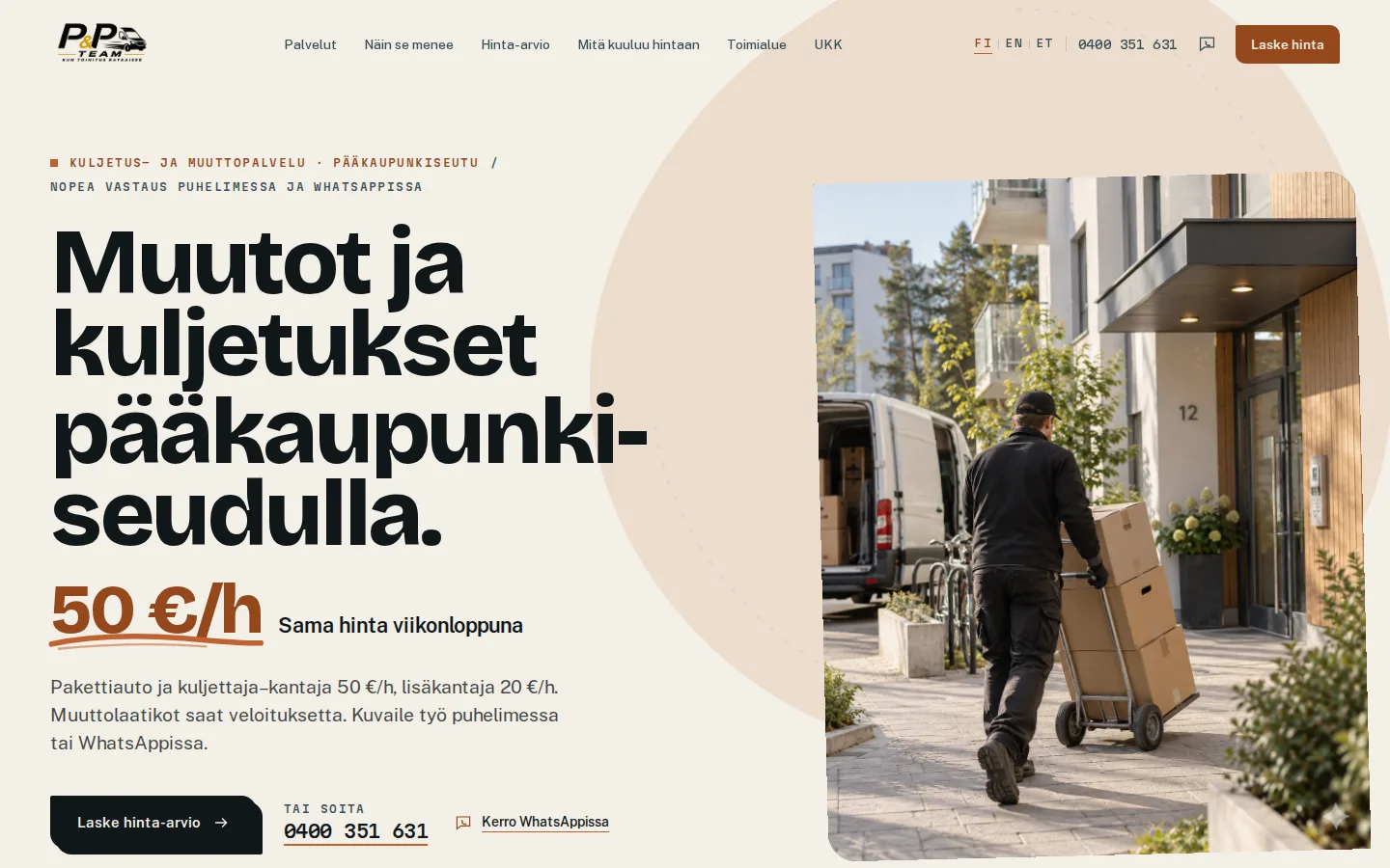 P&P Team kodulehe avavaade töölaual: hinnakiri, kiirvalikud hinnapäringuks ja kolimistöö foto.
