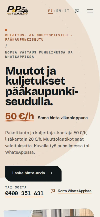 P&P Team kodulehe avavaade mobiilis: peamine pealkiri, hind ja hinnapäringu nupud üksteise all.